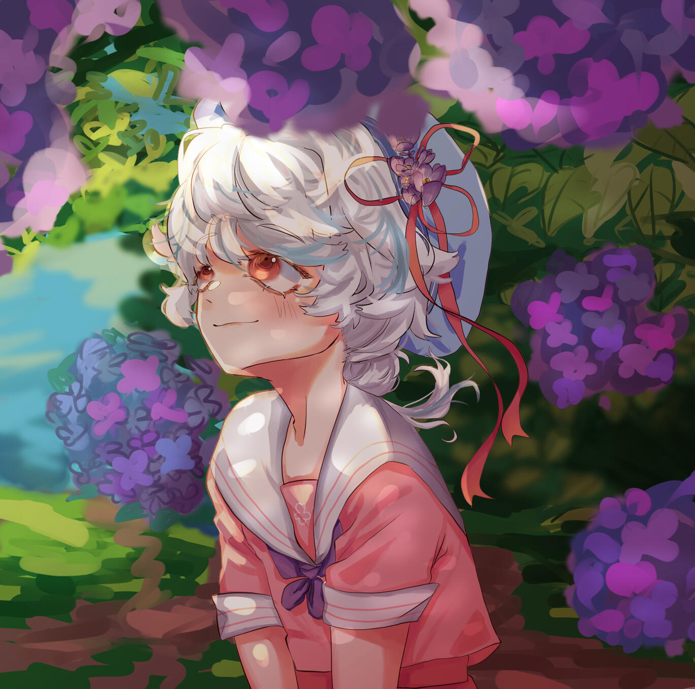 part two of encounter in the foliage, where she follows the butterfly and find the exit to the forest, cluttered with beautiful hydrangea bushes.